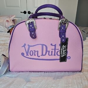 Von Dutch Flying Eyeball Pink and Purple Satchel Bowler Bag